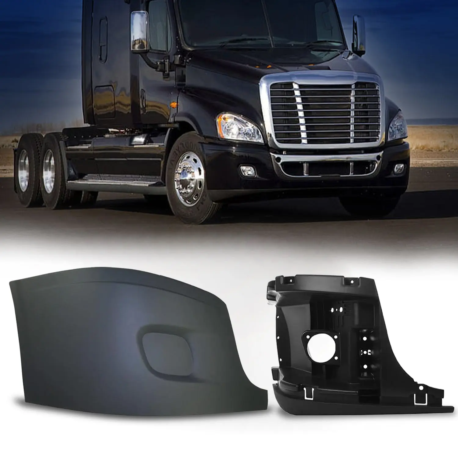 Passenger Right Side RHD Torque Bumper Cover Replacement with Inner Support Reinforcement, No Fog Light Hole, for 2008-2017 Freightliner Cascadia Semi Trucks (TR067-R + TR072-R), Truck
