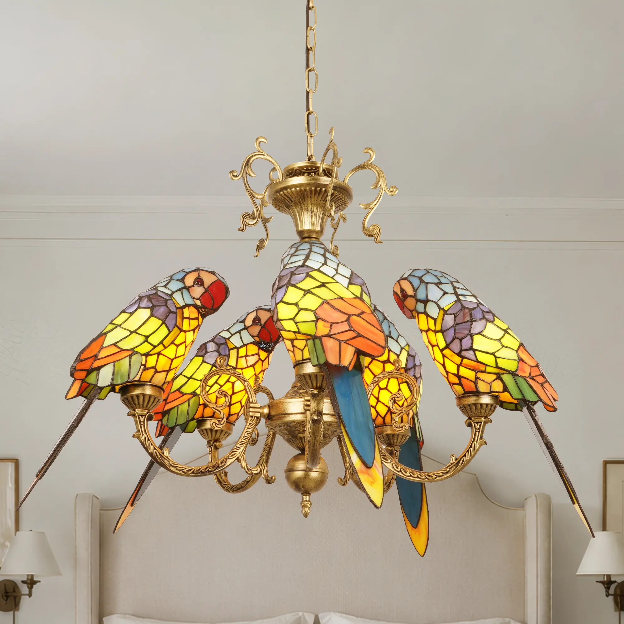 27.6 Inch Vintage Tiffany Stained Glass Parrot Chandelier, 5-Light Hardwired Antique Bronze Metal Pendant Lamp, Colorful Handmade Glass Bird Hanging Light for Living Room Dining Hall Villa Decor