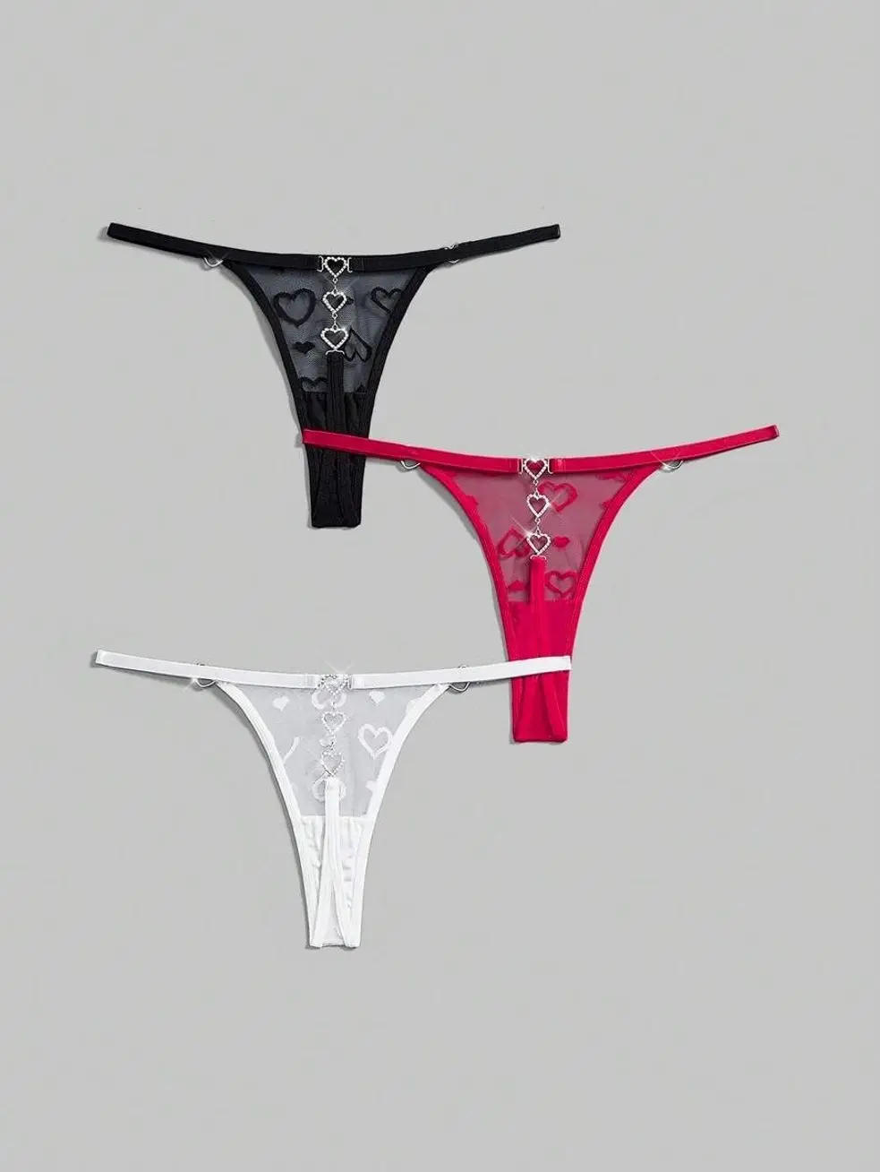 3-Pack Sexy Lace Heart Metal Thong Panties, Rave Lingerie, Comfortable High-Stretch Underwear