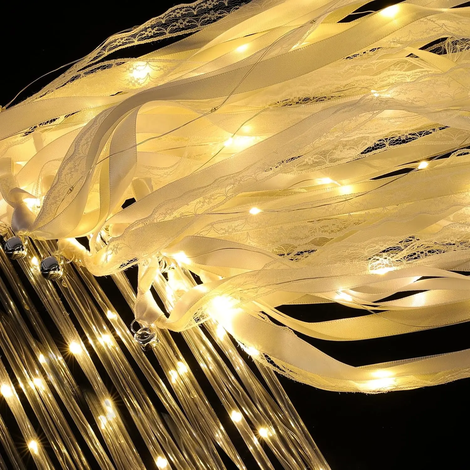 50 Pcs High-Density Satin LED Light-Up Wedding Wands - PVC Ribbon Streamers, Lace Sticks with Bells, 3 Colorful Flashing Modes, Warm White - Photo Props & Gifts Enhancing Romantic Atmosphere for Wedding Reception, Christmas