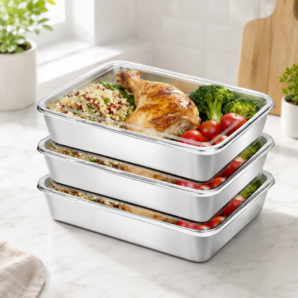 Stainless Steel Food Storage Containers with Clear Lids, Stackable Reusable Meal Prep Trays for Refrigerator & Freezer, Kitchen Storage Boxes for Leftovers, Meat, Vegetables, Lunch, Food Prep & Fridge Organization