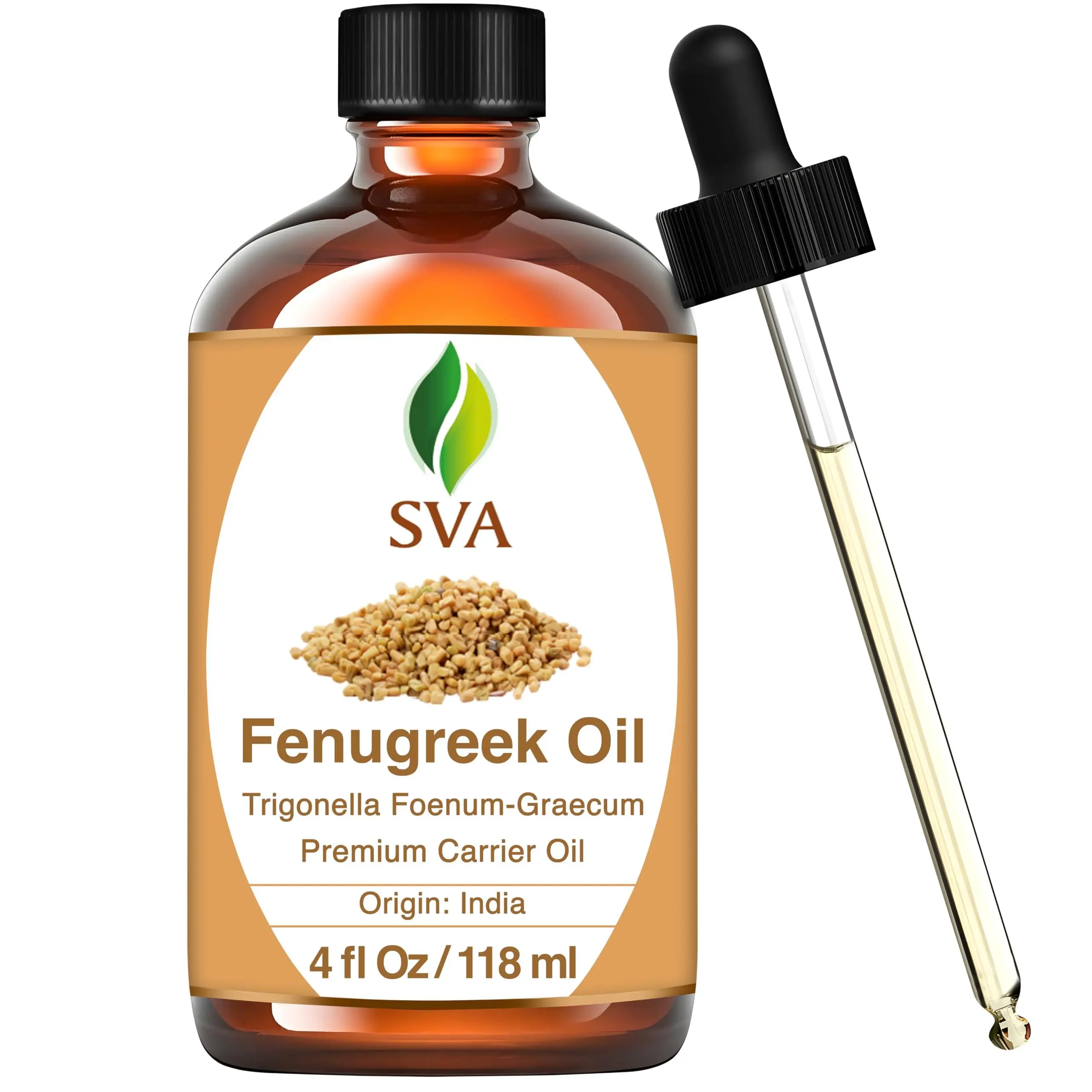 SVA Premium Natural Chemical-Free Fenugreek Carrier Hair Oil (4oz/118ml) with Dropper - Cosmetic Moisturizer for Hydrating Scalp, Haircare Massage, Cruelty-Free Aromatherapy Essential Oil (Apply via Dropper Included)