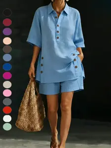 2026 Summer New Women's Linen Shirt and Shorts Two-Piece Set, Casual Comfortable Loose Fit Button, Trendy Fashion Ensemble Clothes