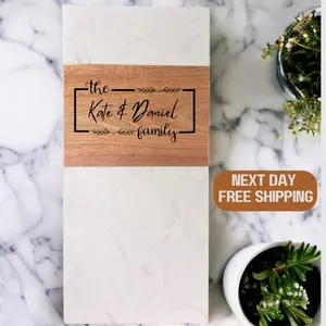 Personalised White Marble and Acacia Wood Cheese Board - Perfect for Housewarming, Anniversary, Birthday, Christmas, Couples, Family