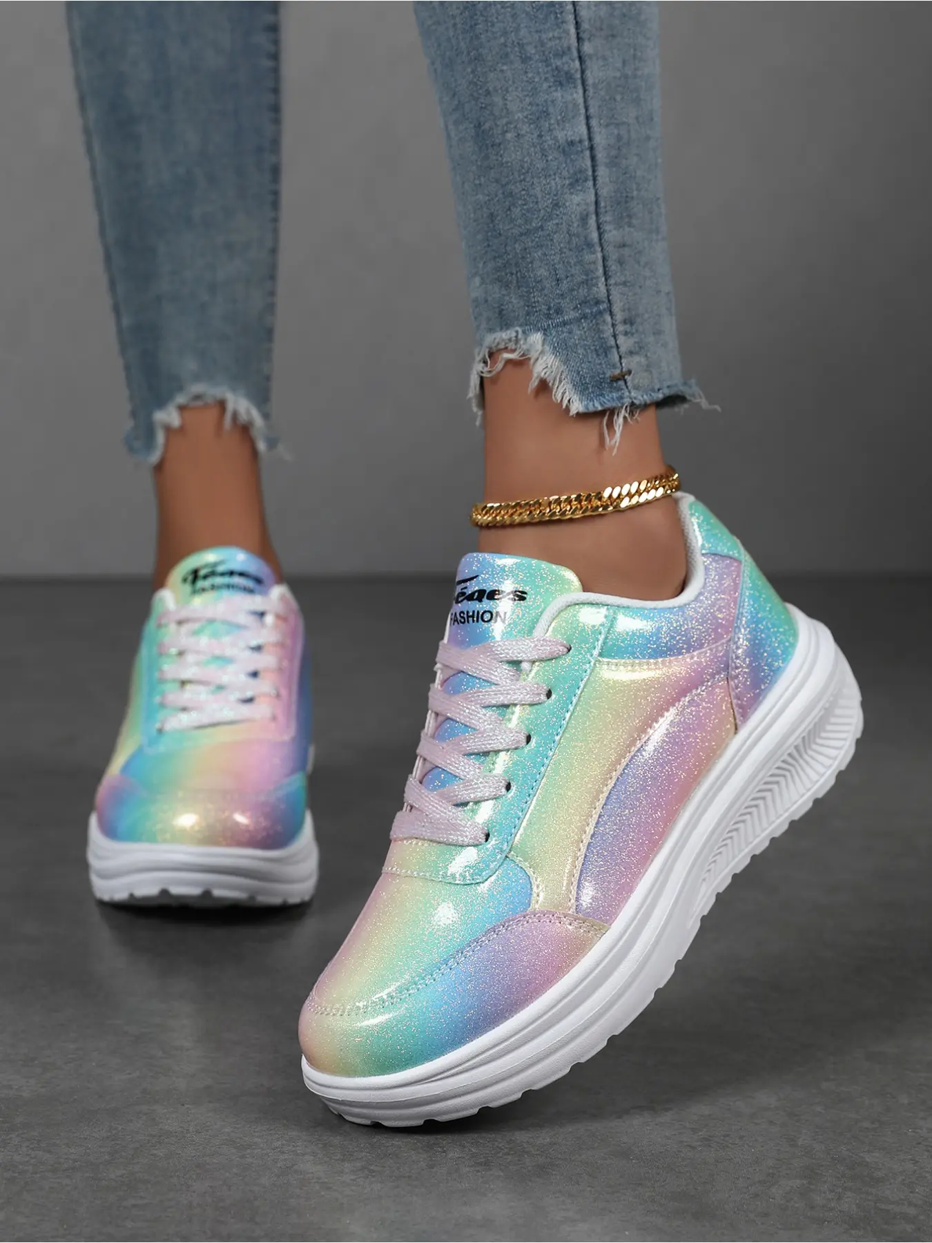 Dreamy Rainbow Glitter! Women's Gradient Platform Sneakers, Soft-Sole Height-Boosting Casual Shoes, All-Match Footwear for Commuting, Walking & Daily Wear