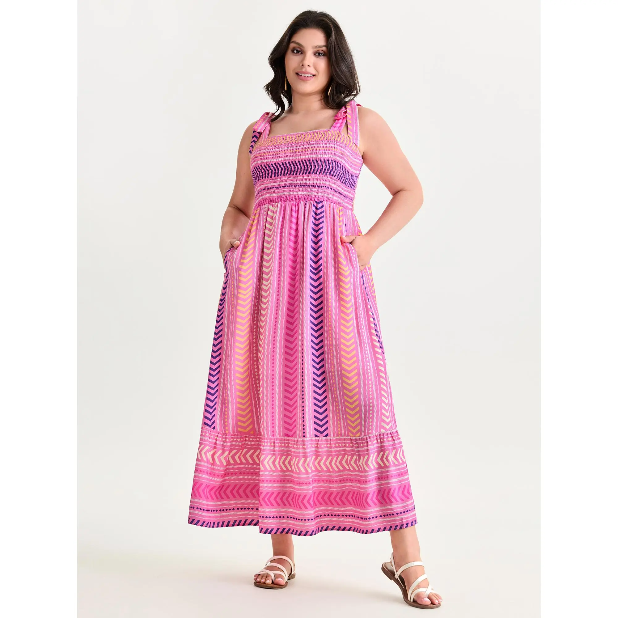 BloomChic Women's Plus Size Bohemian Striped Maxi Dress in Smooth Rayon, Casual Summer Style with Smocked Bodice, Lace-Up Shoulder-Ties, and Pocket, Garment, Fabric, Women's Clothes, Low Iron, Plus Size Clothes, Curvy Dresses Plus Size