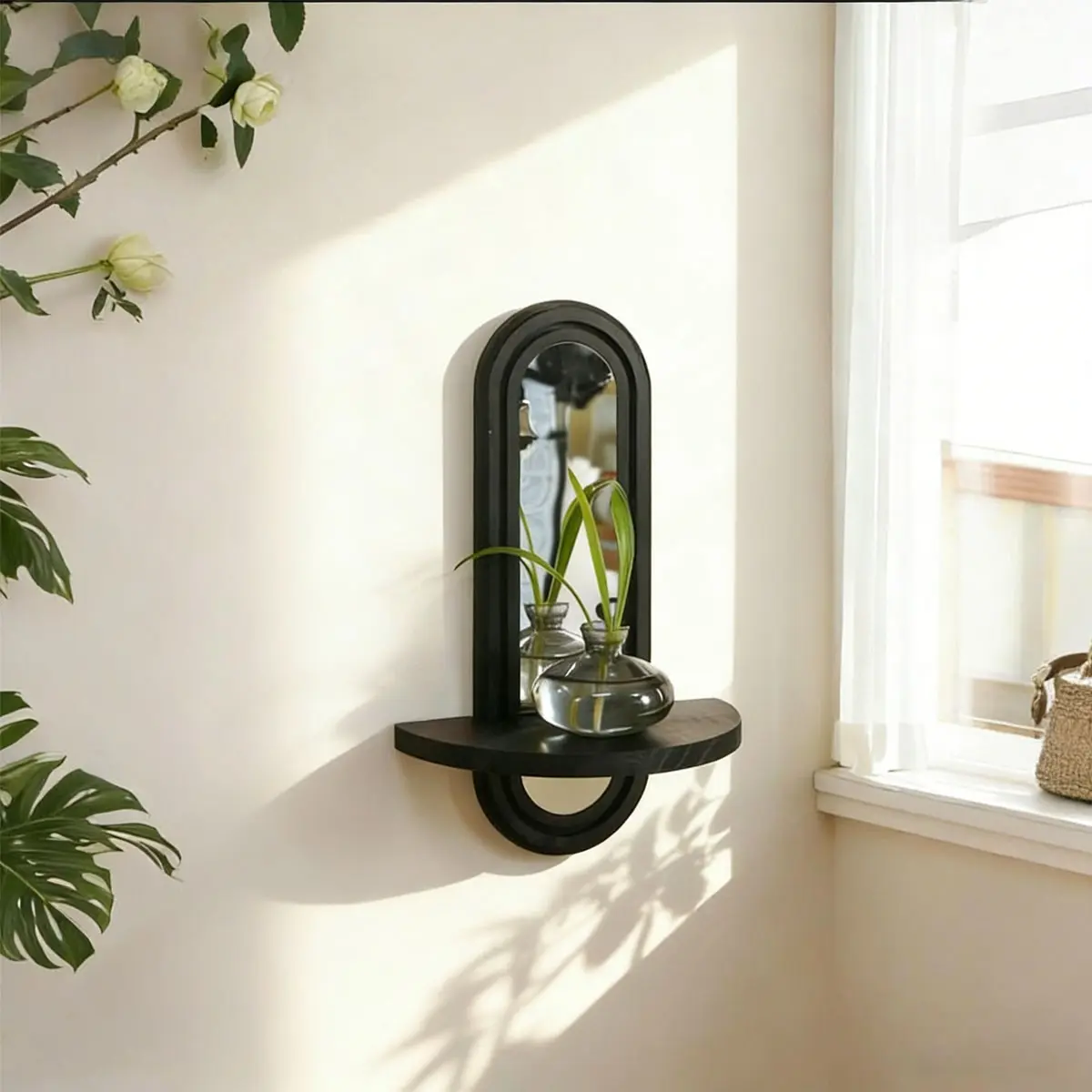 Arched Mirror Frame Decorative Wall Decor, Home Decor Mirror, Wooden Hanging Mirror for Bedroom, Living Room and Entryway, Floating Shelf for Small Plants and Candles