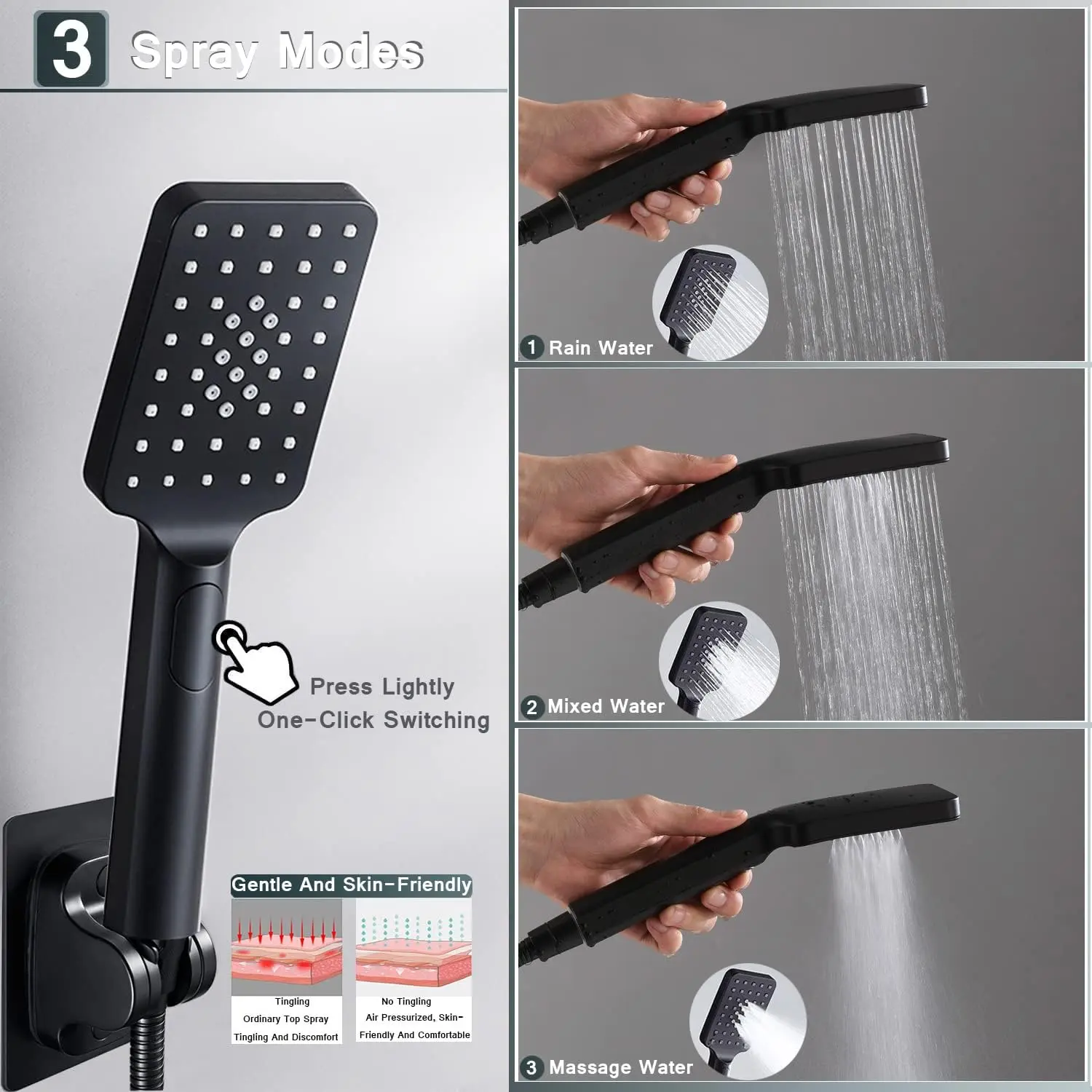 Shower Head Combo – 8" High Pressure Rain Shower + Handheld With 9 Spray Settings, 11" Adjustable Extension Arm, 5ft Hose, 3-Way Diverter, Black