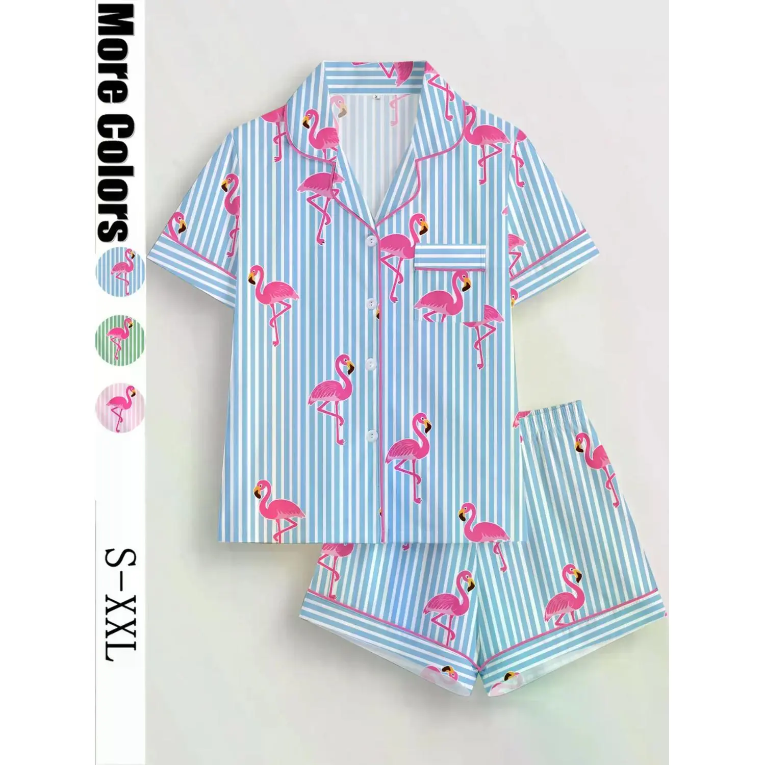Women's Flamingo Print Striped Pajama Set: Short Sleeve Button-Up Top & Elastic Waist Shorts, All-Season Casual Loungewear & Home Pajamas