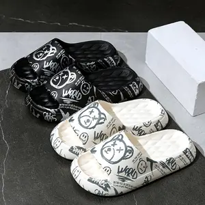 Letter & Cartoon Print Pillow Slides, Soft Sole Lightweight Slip On Home Shower Slides, Non-slip EVA Beach Slides Footwear Walking Shoes Slipper Girl Women Flipflop Flat Tsinelas White