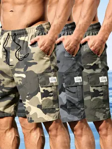 Men's 3-Pack Camouflage Cargo Shorts - Pocketed, Multipocket, Military-Inspired, Mid Waist, Drawstring Elastic Waist, Knee-Length Lightweight, Mixed Color, Casual Sports, Outdoor Tactical Summer Menswear Bottoms, Pocketed Men's Shorts, Multipocket Men's S