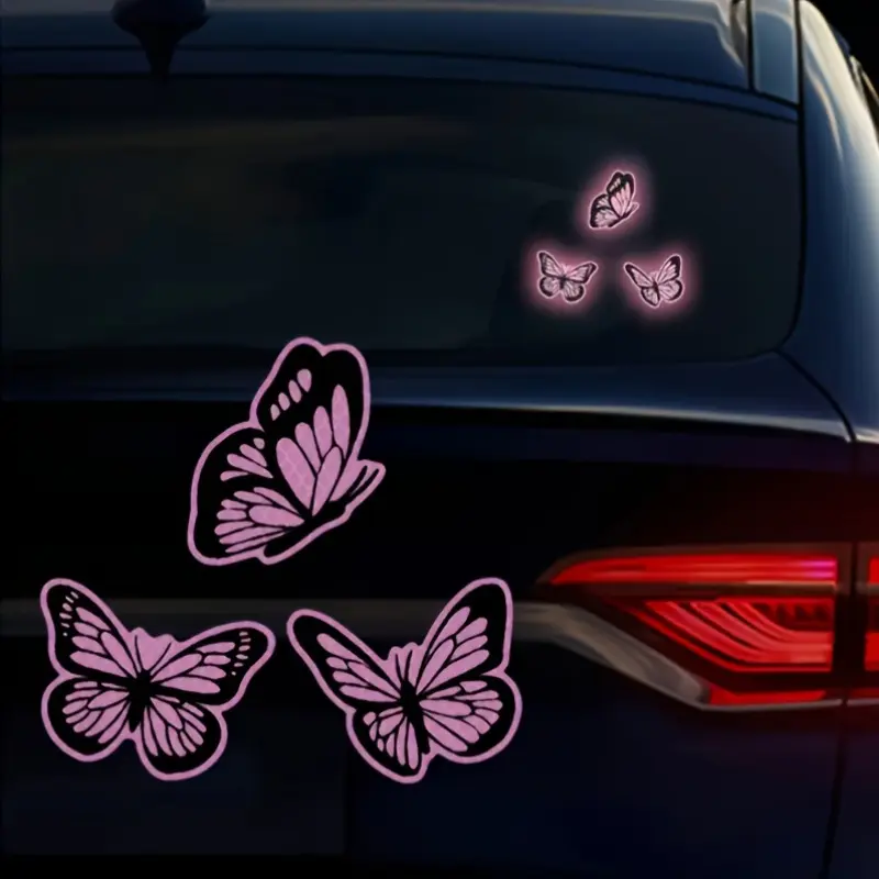 3PCS/SET For Car Accessories, Girly Car Accessories, Universal Car Sticker, Car Decorative Sticker, Decorative Decal, Decal For Cars, Creative Design of Pink Butterfly Shape + Glow-in-the-Dark Effect + Cute Elements, Eye-Catching Decor, Automotive Decals