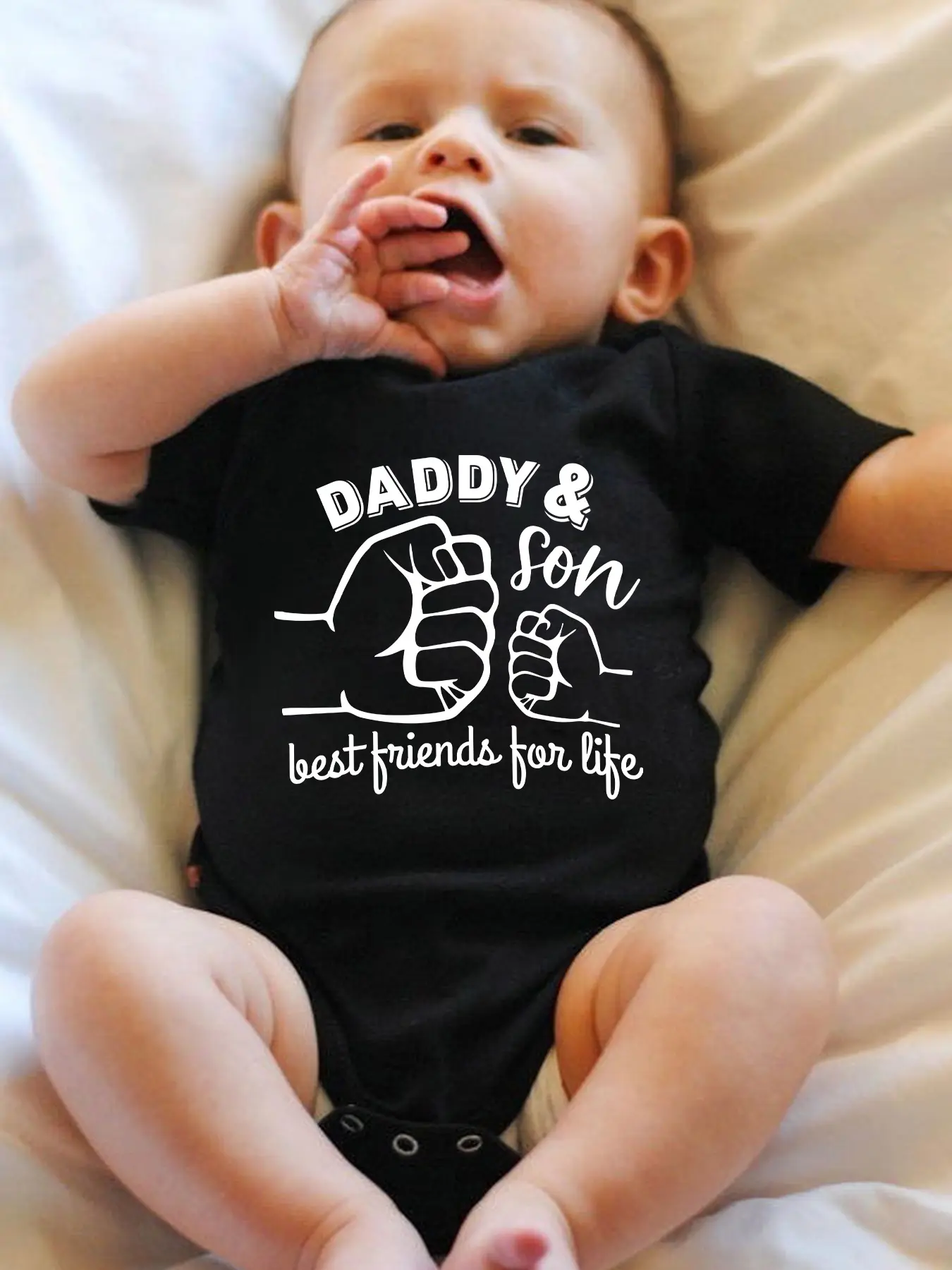 Baby "Daddy & Son Best Friends For Life" Graphic Bodysuit, Black Cotton Short Sleeve Newborn Romper
