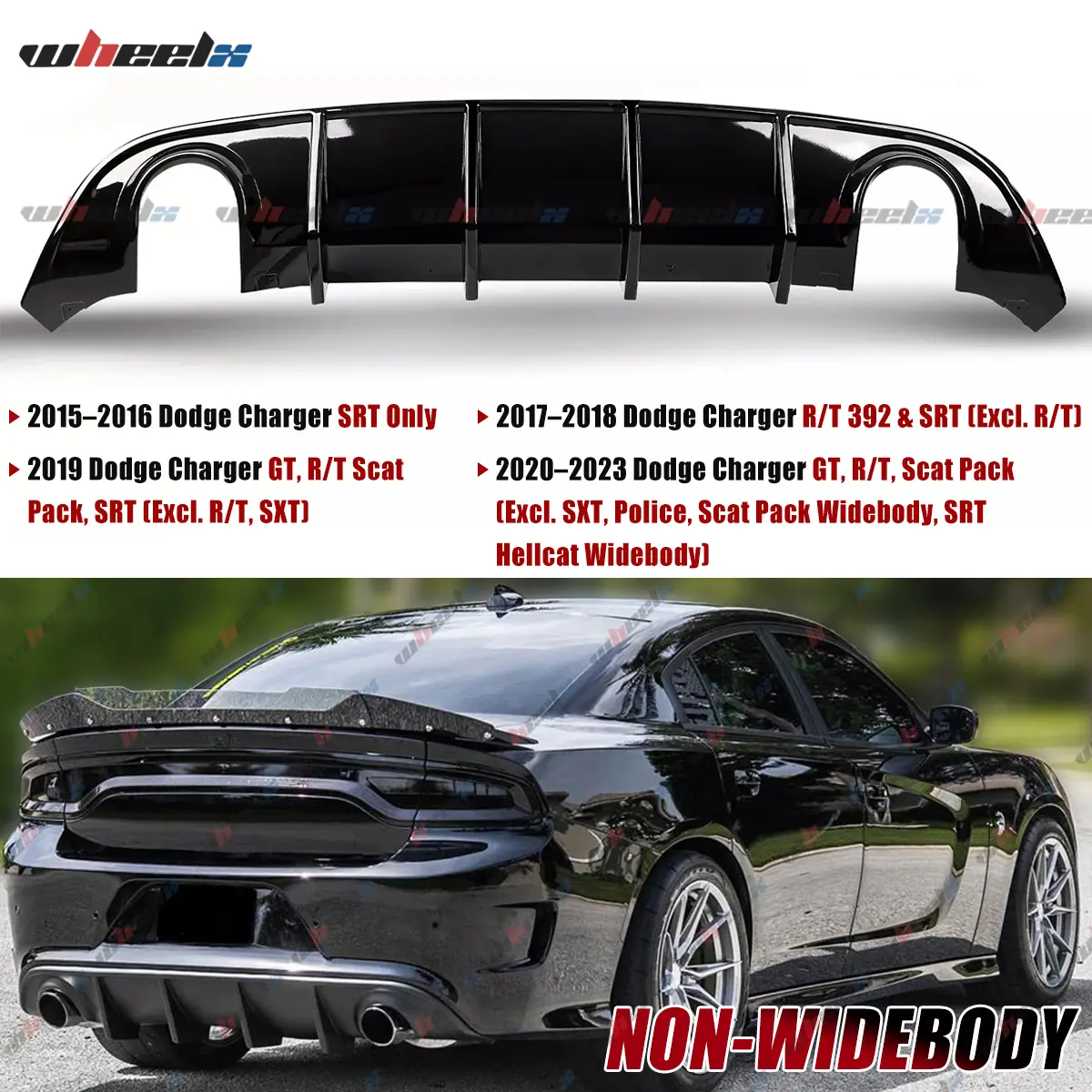 2015-2023 Dodge Charger SRT/GT/R/T Scat Pack - NON-WIDEBODY ONLY Gloss Black Rear Bumper Diffuser | Vortex Style | PP Material,car accessories