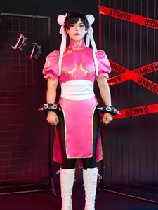 [Officially Licensed] Street Fighter Classic Chun-Li Pink Leotard And Skirt Cosplay Costume with Hair Accessories Halloween Costume