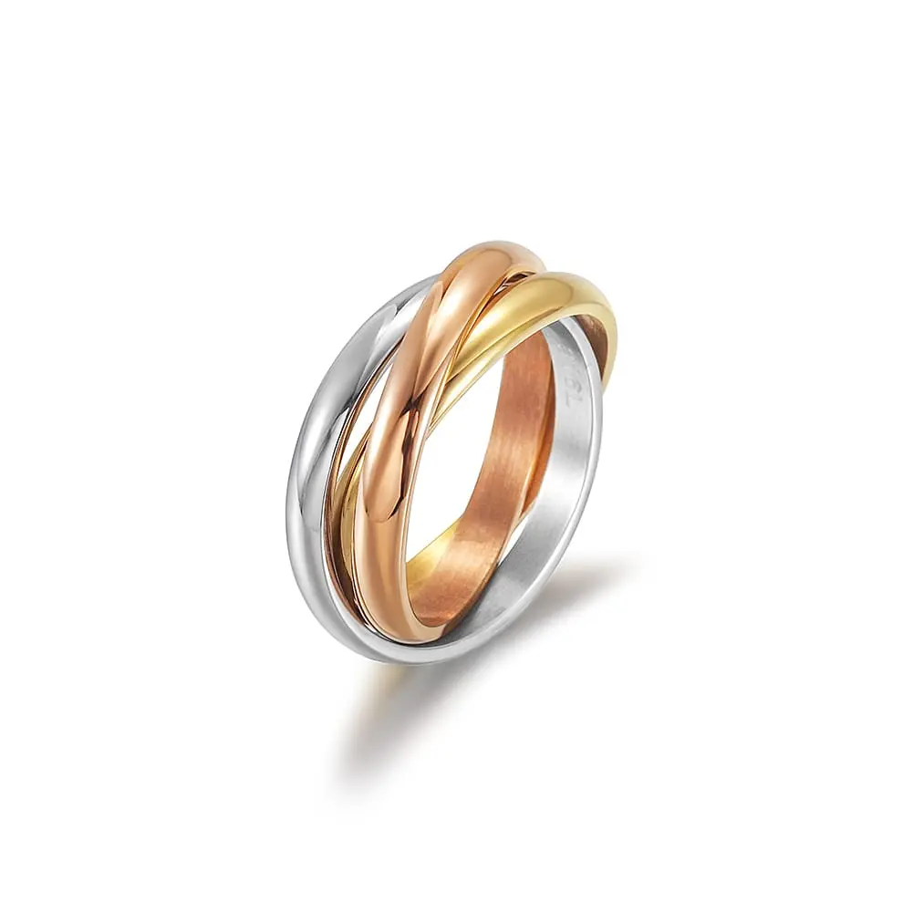 Trinity Rolling Ring for Women, Gold Plated Interlocked Three Band Ring, Statement Stacking Ring, Elegant Fashion Jewelry Gift