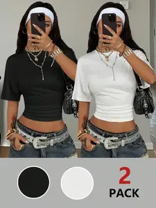 Women's Casual Homewear Top, 2-Piece Set, Pure Color Round Neck Elastic Ruched Short Sleeve Basic Minimalist T-Shirt, Loose Fit Summer Fashion, for Lady, Womenswear, Everyday, Casual Summer Tee
