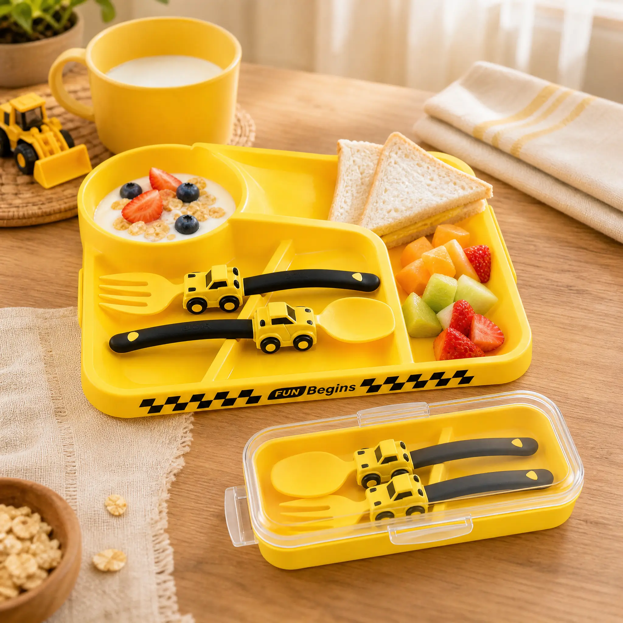 summerwins Kids Toddler Utensils Dinnerware Set - 1-Piece Divided Plate, Fork, Spoon, Portable Case - Children's Kitchenware Feeding Essentials Kit