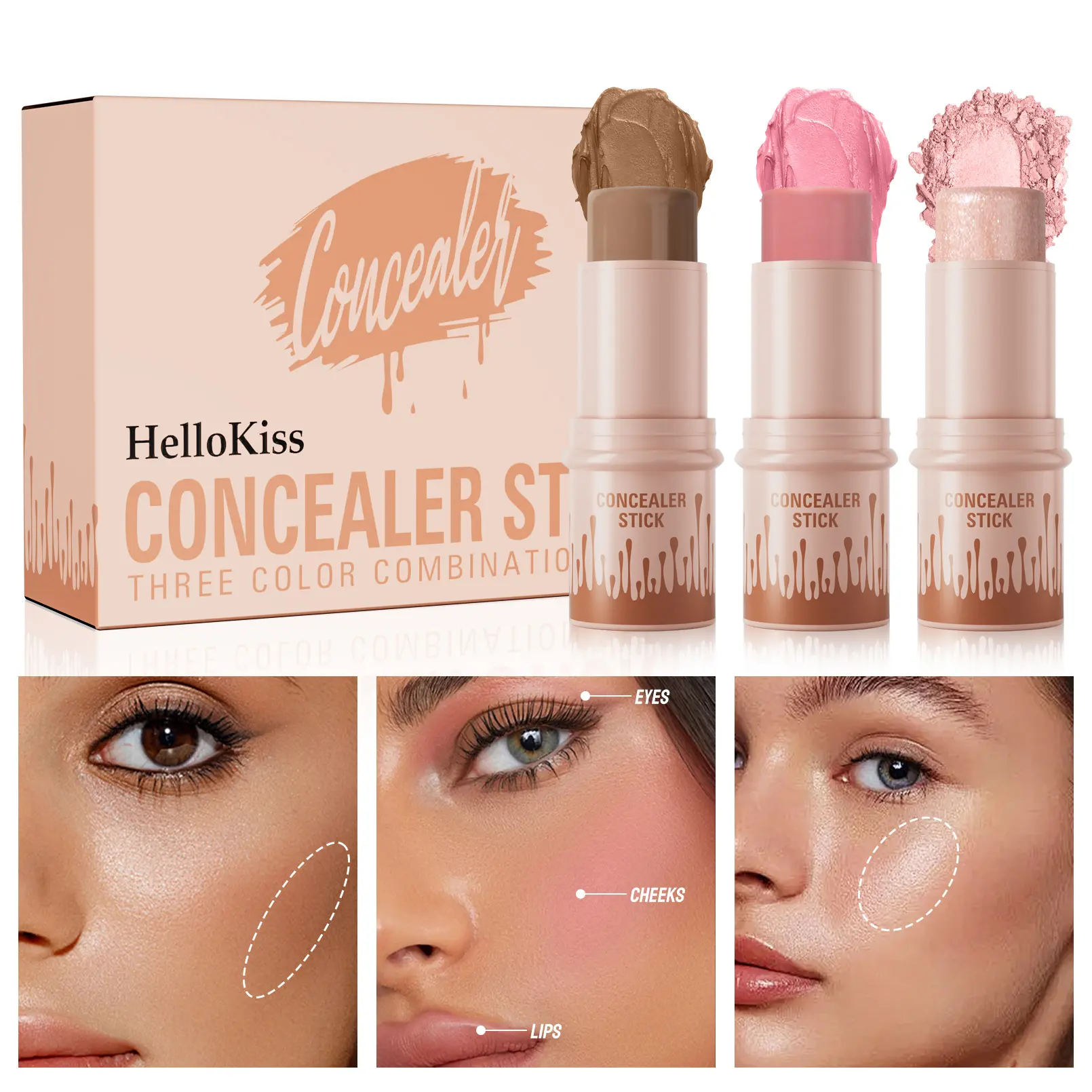 Flawless 3-Pack Makeup Products Stick Set - Highlighter, Contour, Glow Blush Trio, Long-Lasting Waterproof Concealer Pen, Enhancer Stick Blush for Natural Face Sculpting & Radiant Glow