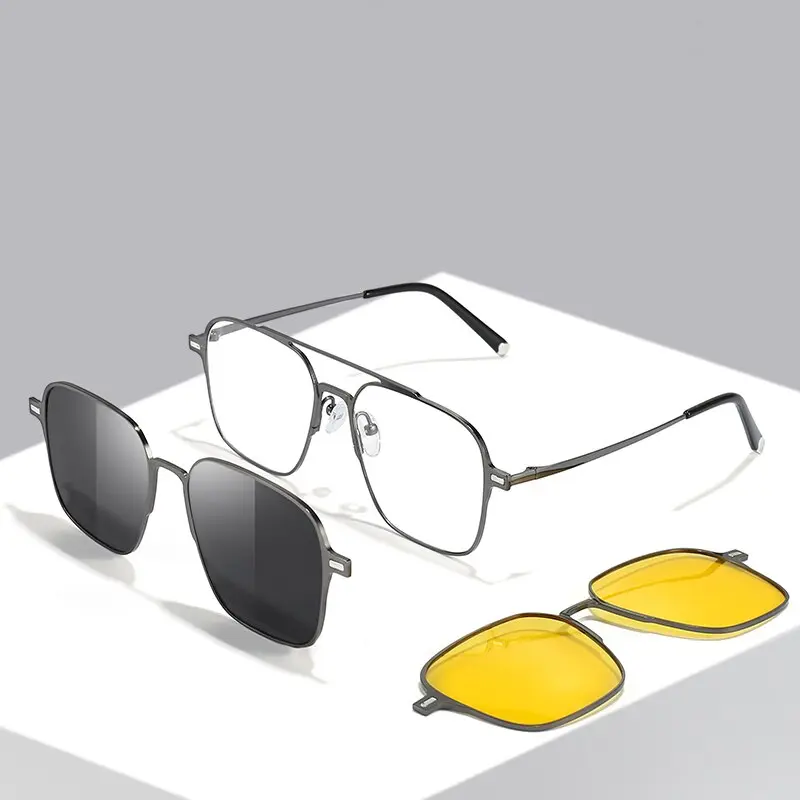 XUH 2026 New 3-in-1 Magnet Clip-On Metal Frame Glasses - Polarized UV400 Click-On Men's Sunglasses, Optical Anti Glare Blue Light Blocking Computer Glasses, Anti Glare Glasses