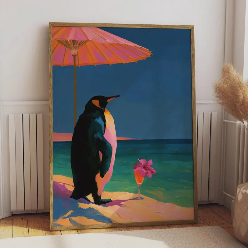 Penguin on Beach with Cocktail Umbrella Poster, Bold Colourful Art Print