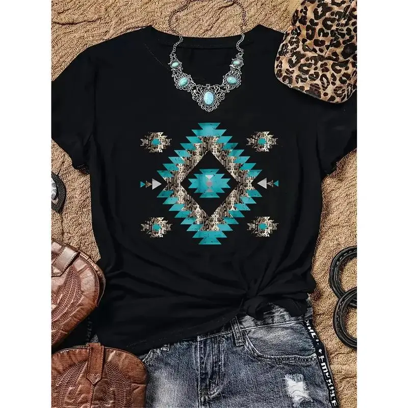 Women'S Western & Indian-Inspired Graphic T-Shirt - Black Short Sleeve Crew Neck Top with Turquoise Geometric Design, Casual Spring/Summer Wear