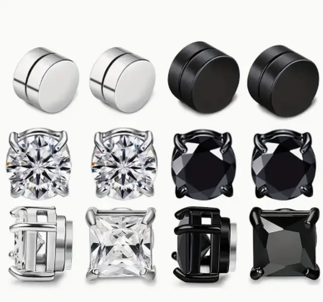 New Czech Stone Magnetic Stainless Steel Ear Clips - No Piercing Needed, Silver-Black Mixed Jewelry for Daily Wear, Boyfriend Gift, Earrings