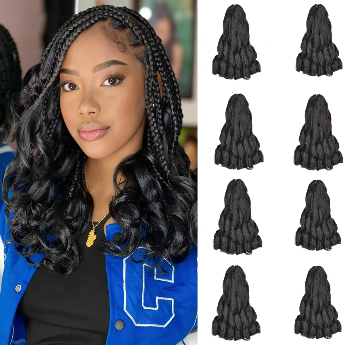 8 Packs French Curly Braiding Hair YxHair 24Inch Loose Wavy box braids 8 Packs #1B Black Bouncy foxtail braids Synthetic Hair Extensions for Black Women Pre-Stretched Crochet Braids Hair