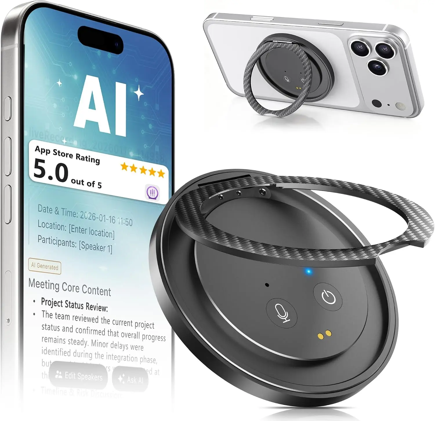 AI Voice Recorder Designed as Magnetic Phone Stand, Real-Time Transcription in 100+ Languages, Smart Digital Audio Recorder Transcribe & Summarize Note Taker Lectures Meetings (Space Gray)