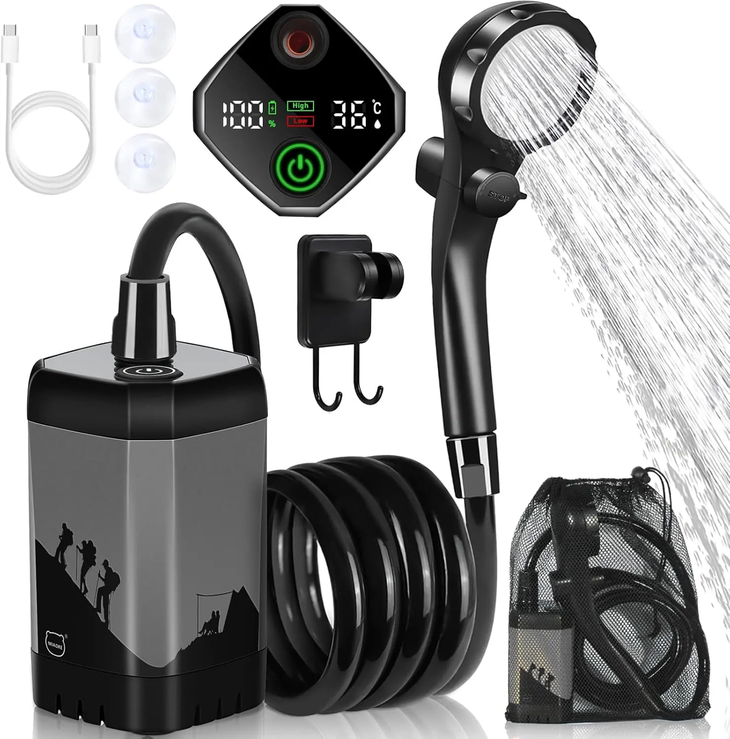 Upgrade Portable Camping Shower, 7800mAh Outdoor Electric Shower Rechargeable Pump with Intelligent Digital Display Temperature Display Shower  for Camping, Hiking, Traveling