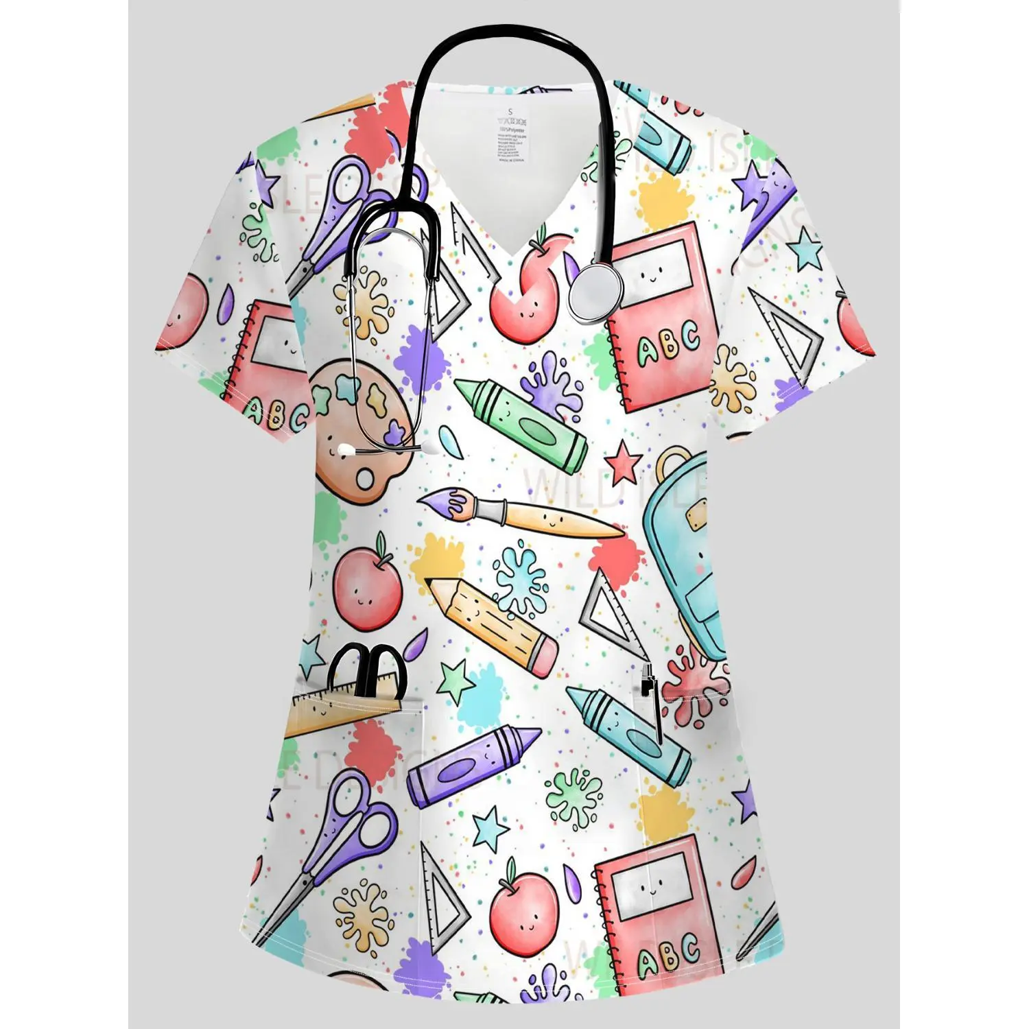 Vibrant Cartoon Women's V-neck Short-Sleeve Scrub Top with Pockets - Comfortable, Breathable Fabric for All-Season Casual Wear, Perfect for Nurses and Doctors