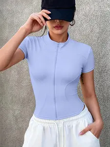 Women's Plain Slim-Fitting Short Sleeve T-Shirt with Button, Stand Collar, Hollow Out Design, Casual Fashion for Daily Wear Everyday