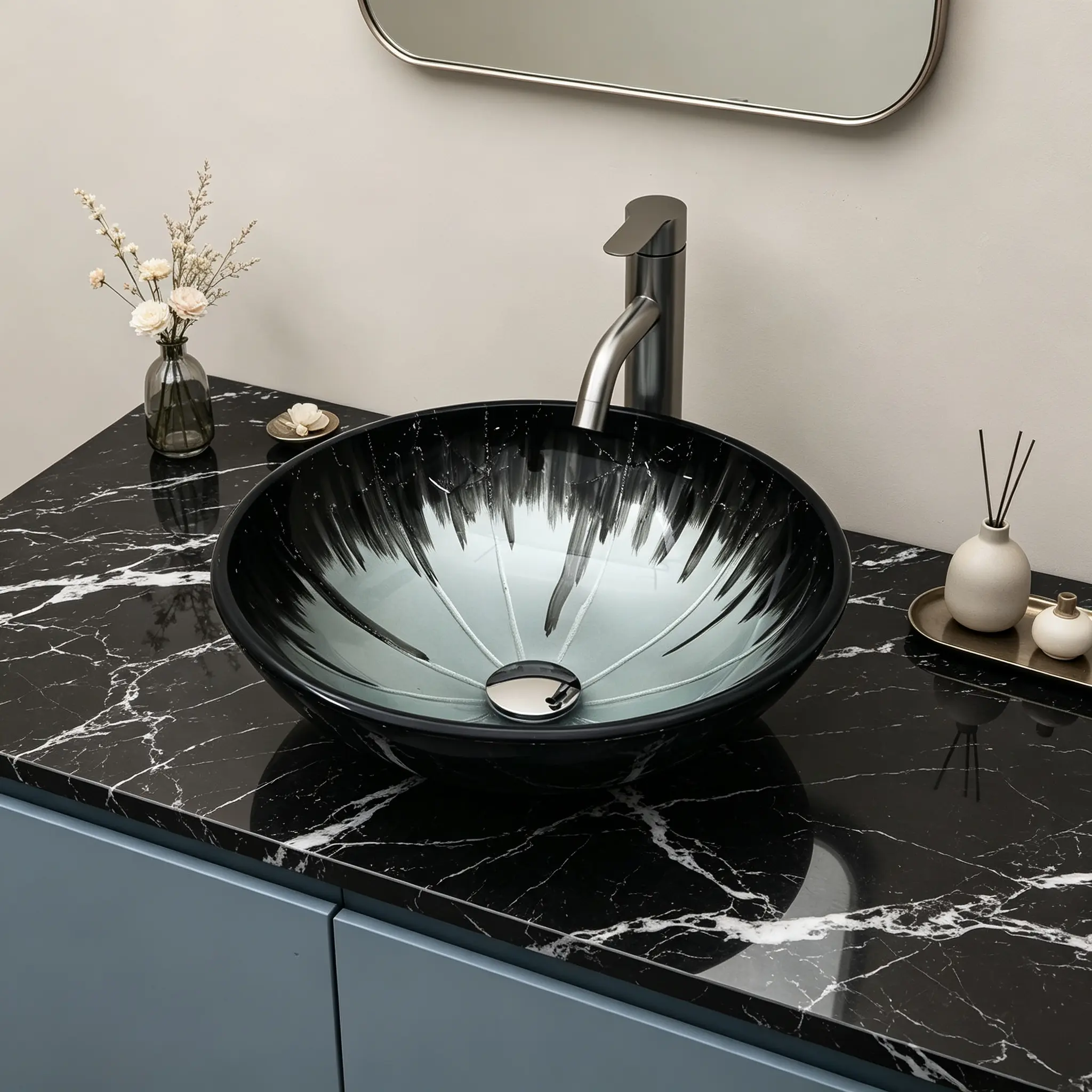 Logmey 16.5" Round Grey-Black Gradient Tempered Glass Vessel Sink Complete Set with Chrome Pop-Up Drain Above Counter Bathroom Basin,bathroom makeover