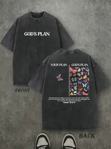 Unisex Vintage Street Style Christian Clothing, Vintage Christian Apparel "GOD'S PLAN" T-shirt with butterfly print, washed cotton short-sleeved religious inscription, suitable for Y2K fashion, trendy people, couple outfits, men's gifts