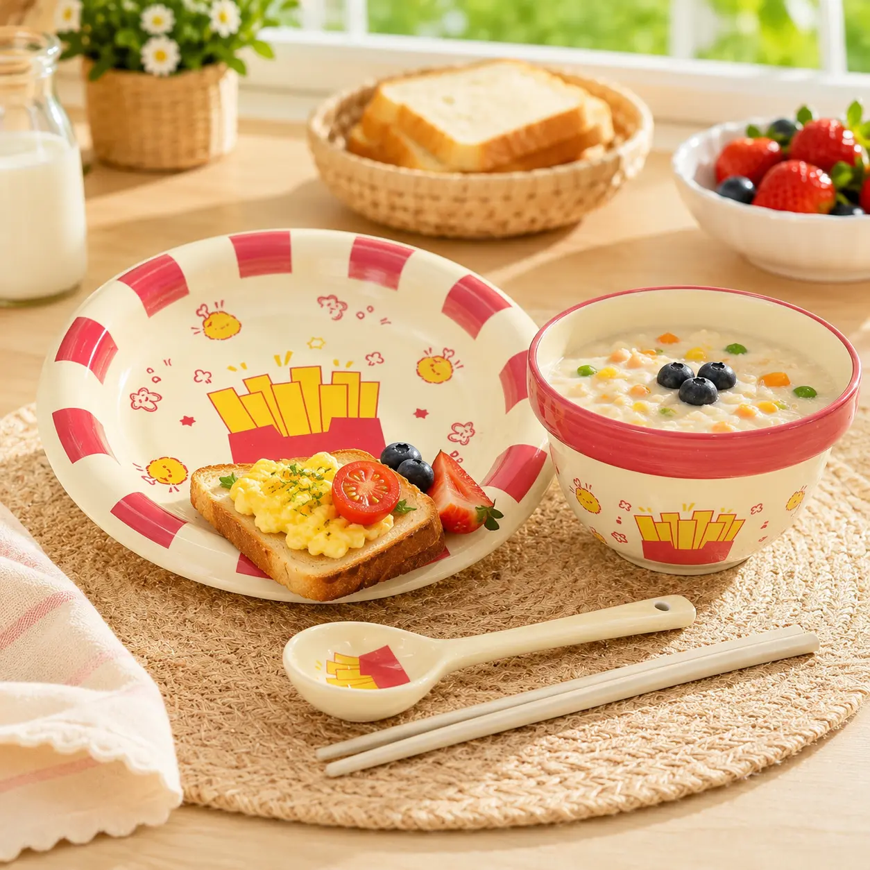 4-Piece Cute Fries-Themed Ceramic Dinnerware Set, Plate, Bowl, Spoon & Chopsticks, Cartoon Tableware for Breakfast, Lunch and Dinner, Home Kitchen Gift Set