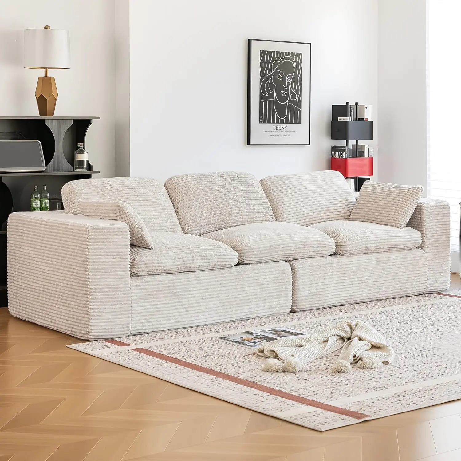 [2 Package Shipping]AECOJOY 110" Cloud Boneless Couch, Compressed Sectional Sofa with Fluffy Seat Cushions Upholstered No Assembly Required, Plush Corduroy Fabric 3-Seater Large Couch for Living Room
