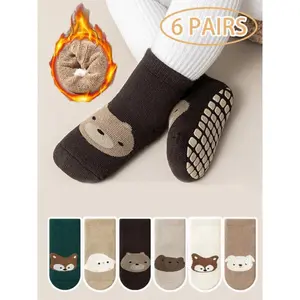 6 Pairs Baby Socks with Non-Slip Grips, Thermal Winter Thick Floor Socks for Infants & Toddlers 6-24 Months, Warm Gripper Sole Socks with Cartoon Patterns
