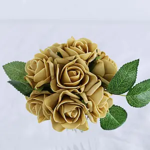 24 Roses Gold Artificial Foam Flowers With Stem Wire and Leaves 2"