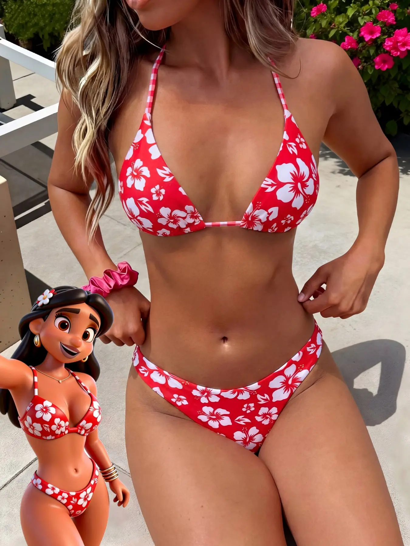 Women's Swimsuit bikini, Floral Print Swimsuits, Floral Tropical Bikini, Flower Print Bikini, gingham hisbicus flower beachwear swimsuit summer red outfit, Casual, Vacation Outfits, beachwear, Swimsuit Style Bikini, Swimsuit Bikini Set