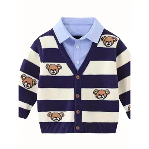 Boys Sweater Cardigan Coat Shirt Fake Two-piece Top Spring New Children's Casual Pullover with Bear Embroidery