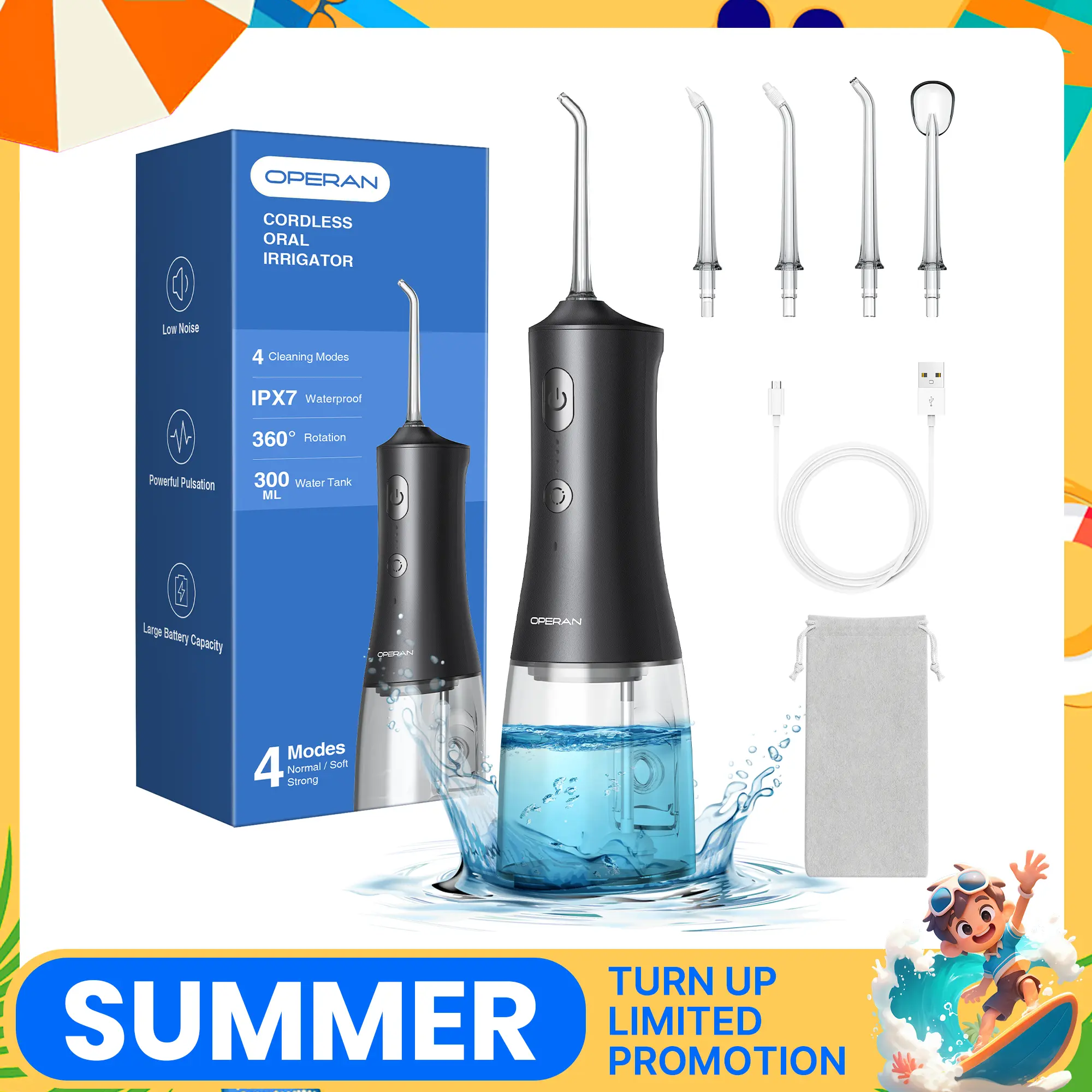 Operan Cordless Water Flosser - Dental Floss & Orthodontic Floss Oral Irrigator, Portable Teeth Plaque Remover, Rechargeable with 4 Modes & 4 Nozzles for Travel & Braces Use