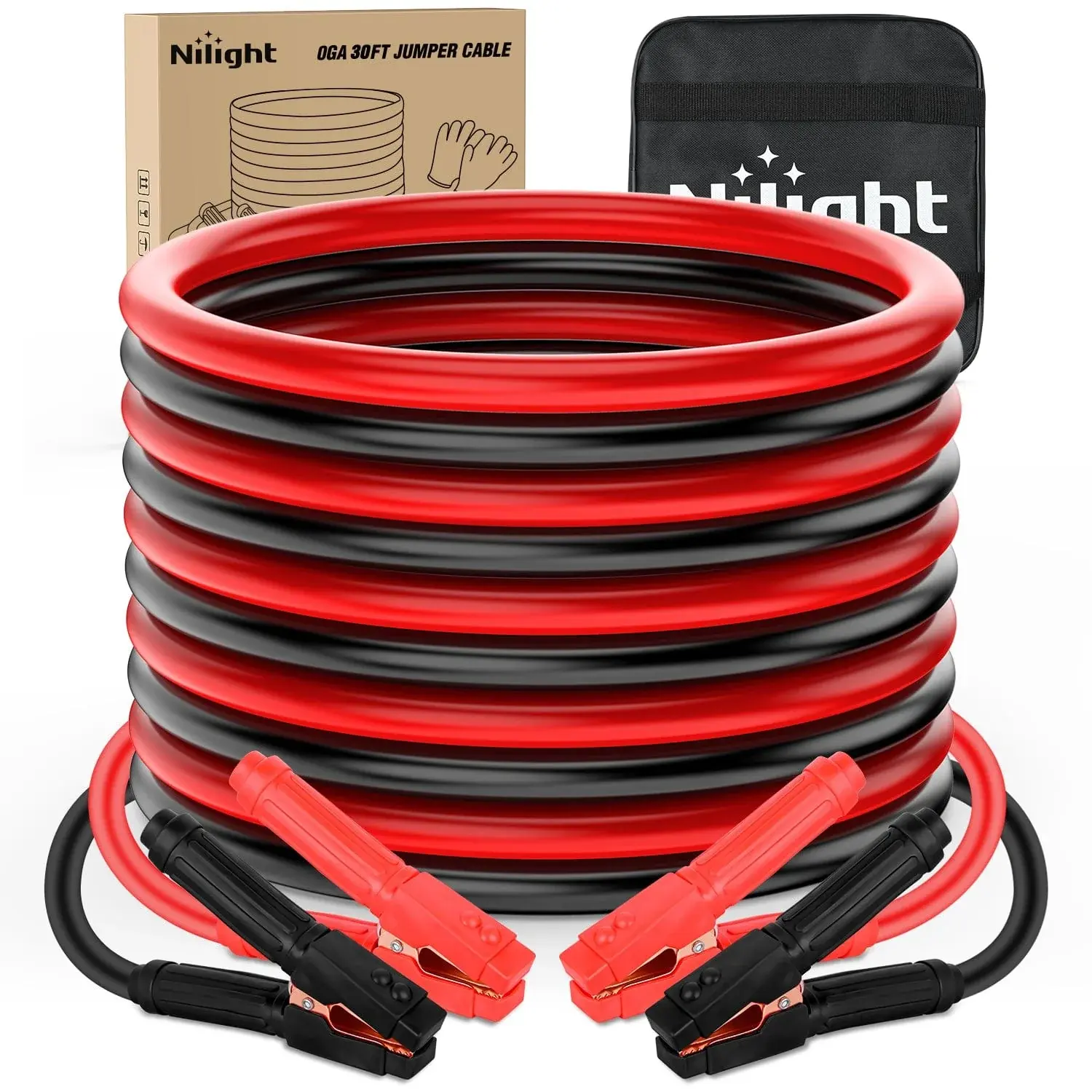 Nilight 0-Gauge 30 FT Heavy-Duty 1000 A CCA PVC Automotive Jumper Cables with High Conductivity, Clamps, Car Battery Booster Jump Start Tool Kit & Storage Bag for Pickup Trucks, Storage Bags