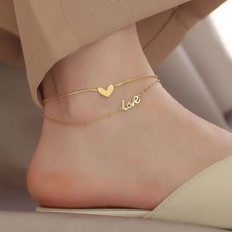 Titanium steel anklet double layer love heart love anklet ladies daily wear Mother's Day gift