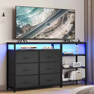 Sikaic Corner L Shaped LED Modern TV Stand Convertible Dresser with Charging Station and Open Shelf & PU Finish Drawers for Living Room