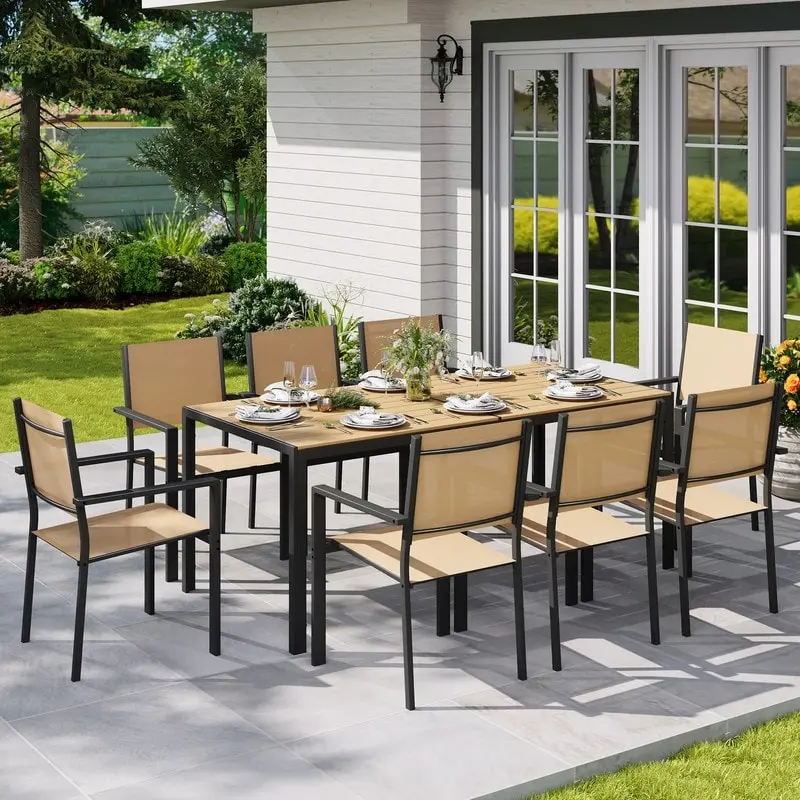 9 / 7 / 5 Piece Outdoor Patio Dining Set with 1 Rectangular Patio Table & 8 Textilene Stackable Chairs, Patio Dining Furniture for 8, WPC Tabletop and All-Weather Resistant Iron Frame, Suitable for Garden, Backyard and Deck, Brown