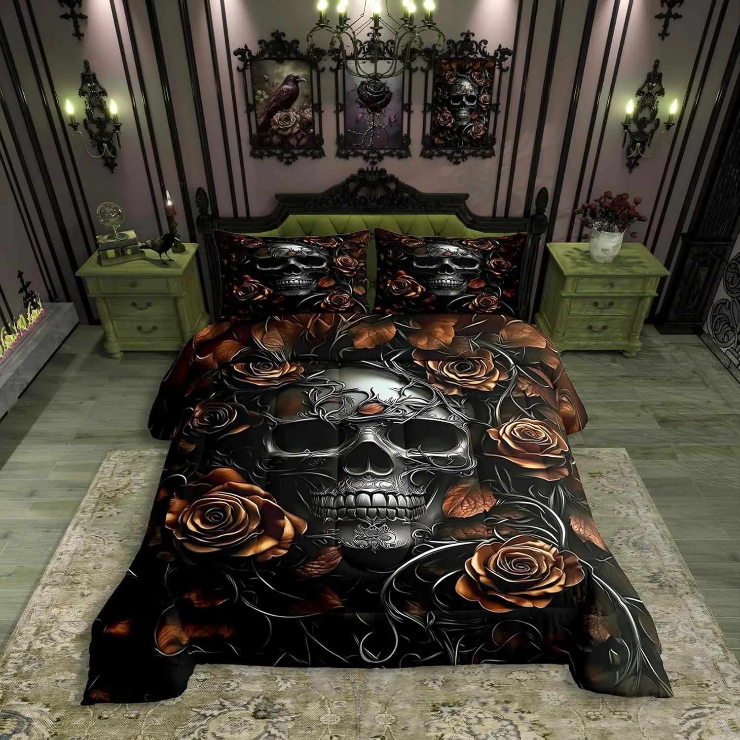 Gothic Bedding Set for Adluts Kids Teens Goth Skull Comforter Set,Vintage Victorian Romantic Orange Rose Floral Quilt Spooky Grunge Skeleton Boho Horror Bedding,Gothic Decor