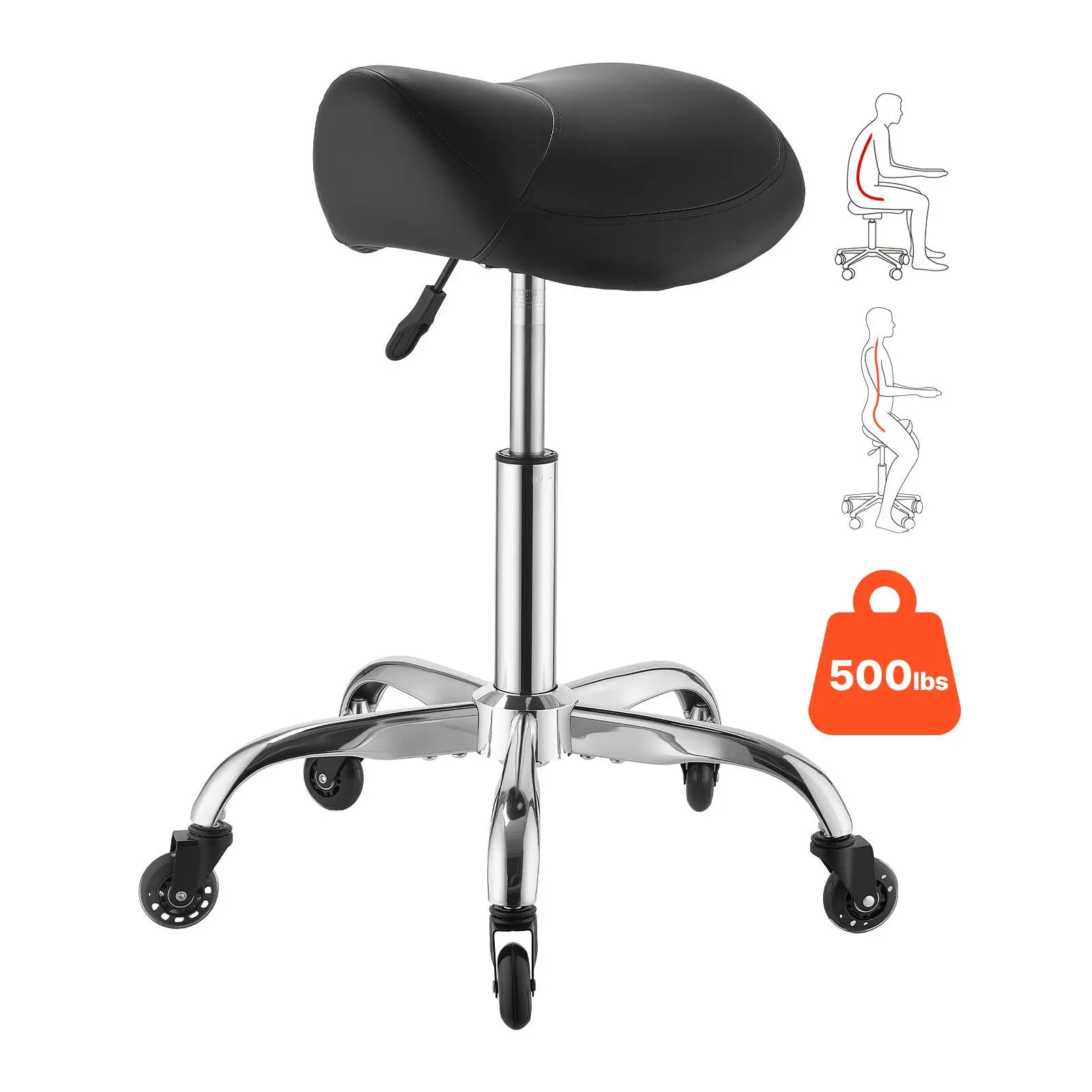 【SummerFinds】VEVOR Saddle Stool with Wheels, 500 lbs Weight Capacity, Height Adjustable, Quiet Casters, Ergonomic PU Leather Seat, 360° Swivel Saddle Stool Rolling Chair for Salon, Spa, Bar, Home, Medical, Black