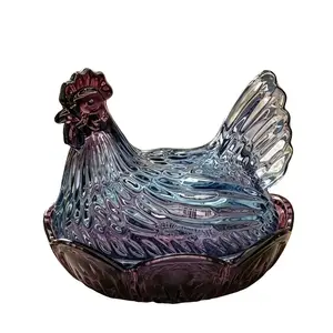 Vintage Hen-On-Nest Translucent Glass Egg Storage Dish with Free Braided Coaster, 10-Grid Decorative Vanity Canister, Retro Farmhouse Home Organizer Chicken Bottles Holder