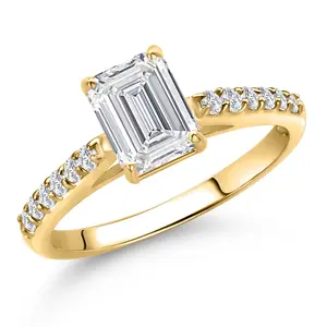 10K Yellow Gold Gemstone Birthstone and Lab Grown Diamond Engagement Ring For Women | Emerald Cut 7X5MM and Round 1.5MM | Wedding Anniversary Promise Ring | Available in Size 5,6,7,8,9