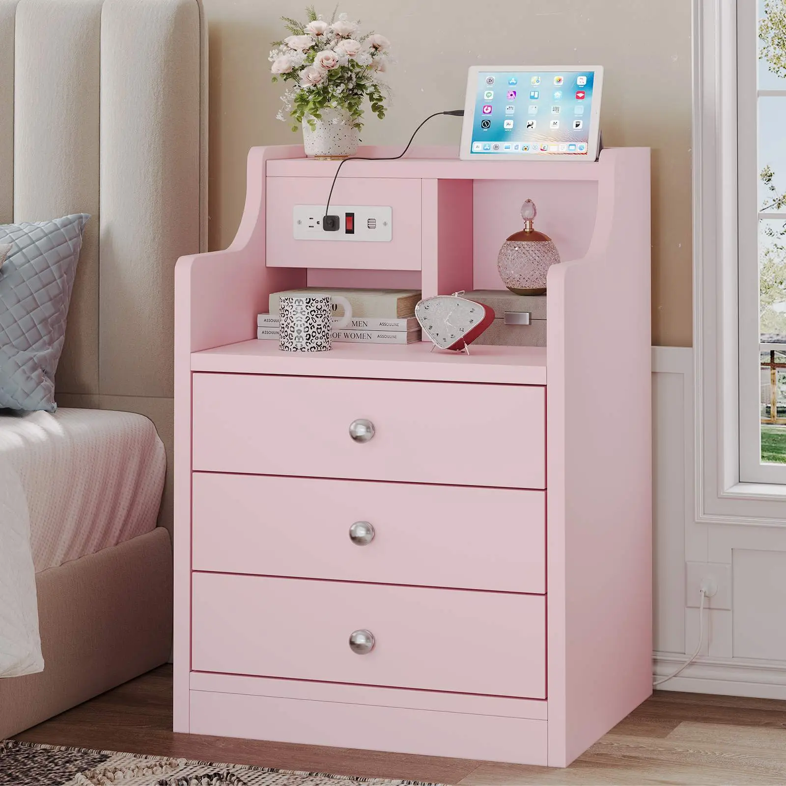 SIKAIC Compact Minimalist Blush Pink Modern Bedroom Nightstand Table - 3-Drawer Indoor Furniture with Glide Storage, Charging Station (2 High-Speed USB Ports, Power Outlets, Safety Switch), Waterproof Desktop